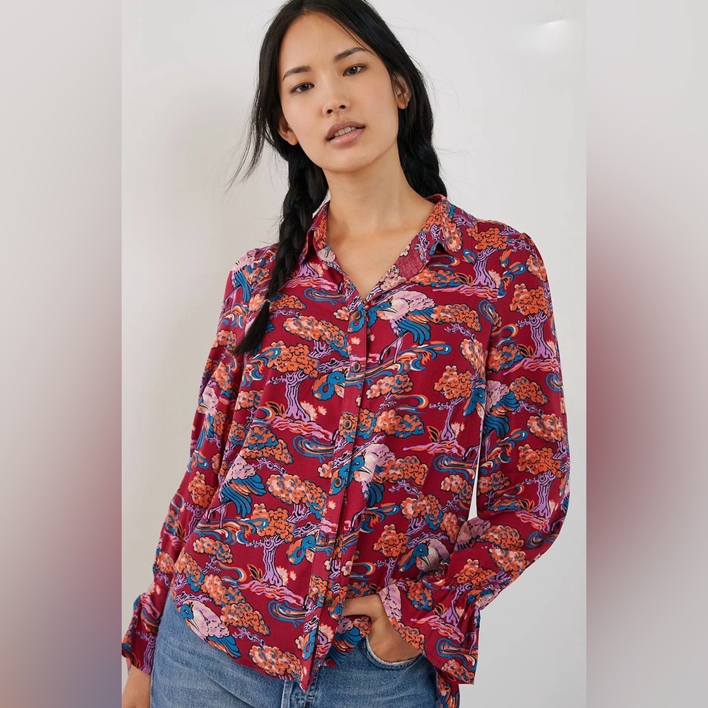 Maeve Darla Blouse Anthropologie Bird Print Button Down Size 0 Boho Cottagecore